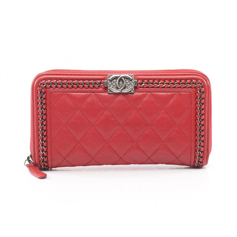 Chanel Boy Antique Silver Hardware Round Long Wallet, Leather, Women's, Red